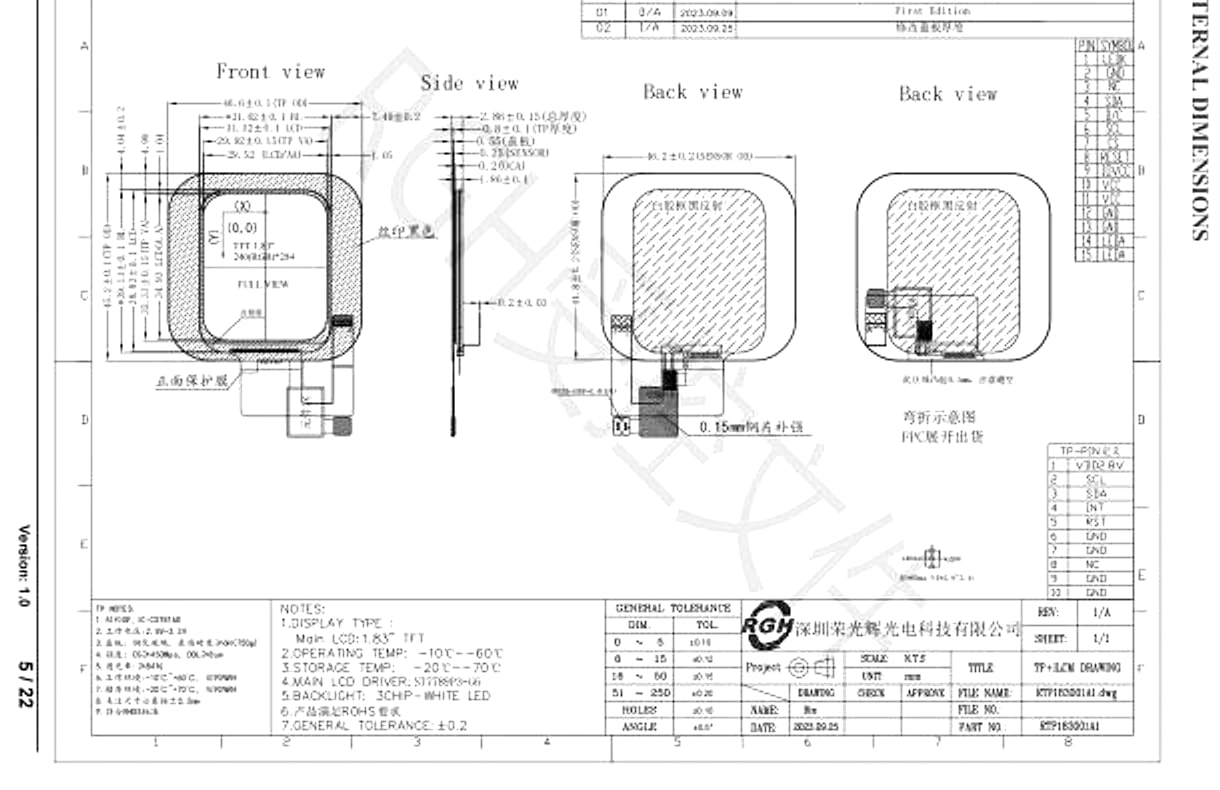RTP183001A mechanical drawing with front, side, and back views